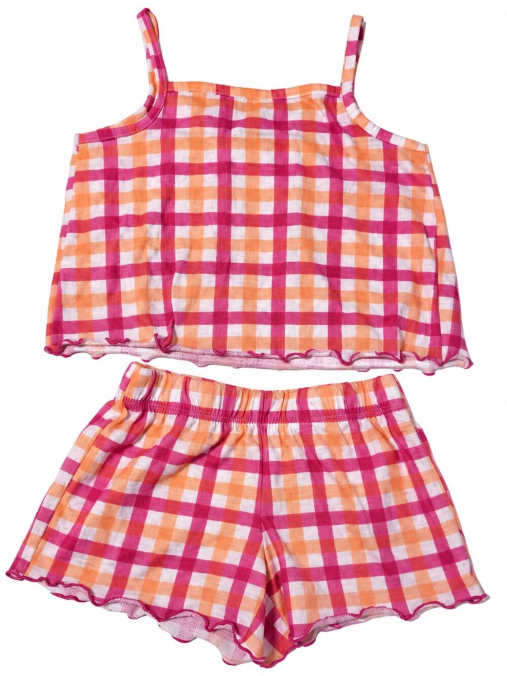 Cat & Jack Girls Gingham Plaid Pajama Set Pink Orange XS 4/5